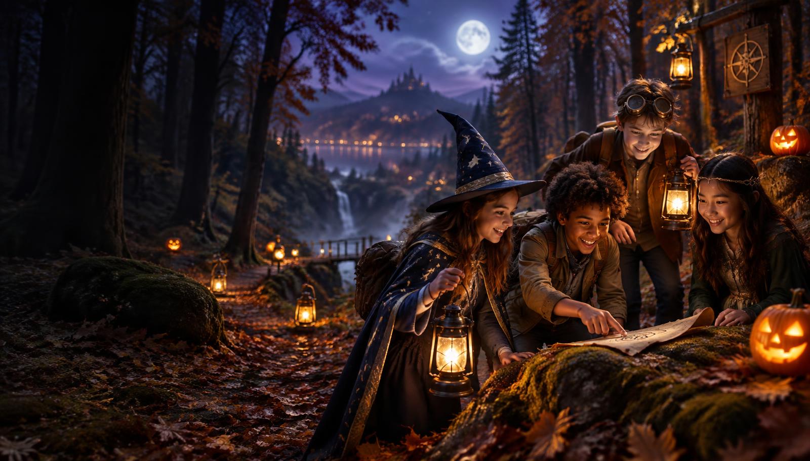 Dzieci wspólnie rozwiązują zadanie podczas halloweenowej przygody w lesie